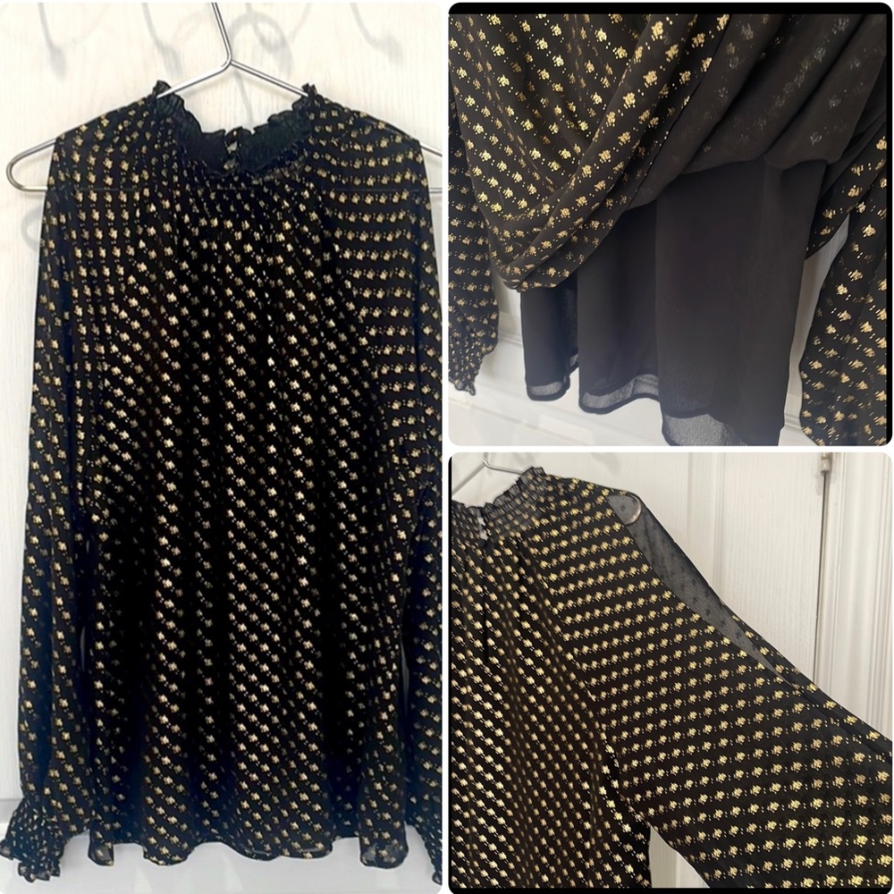 ROSE + OLIVE Black & Gold Leaf Print Cold Shoulder Top  • Size Large